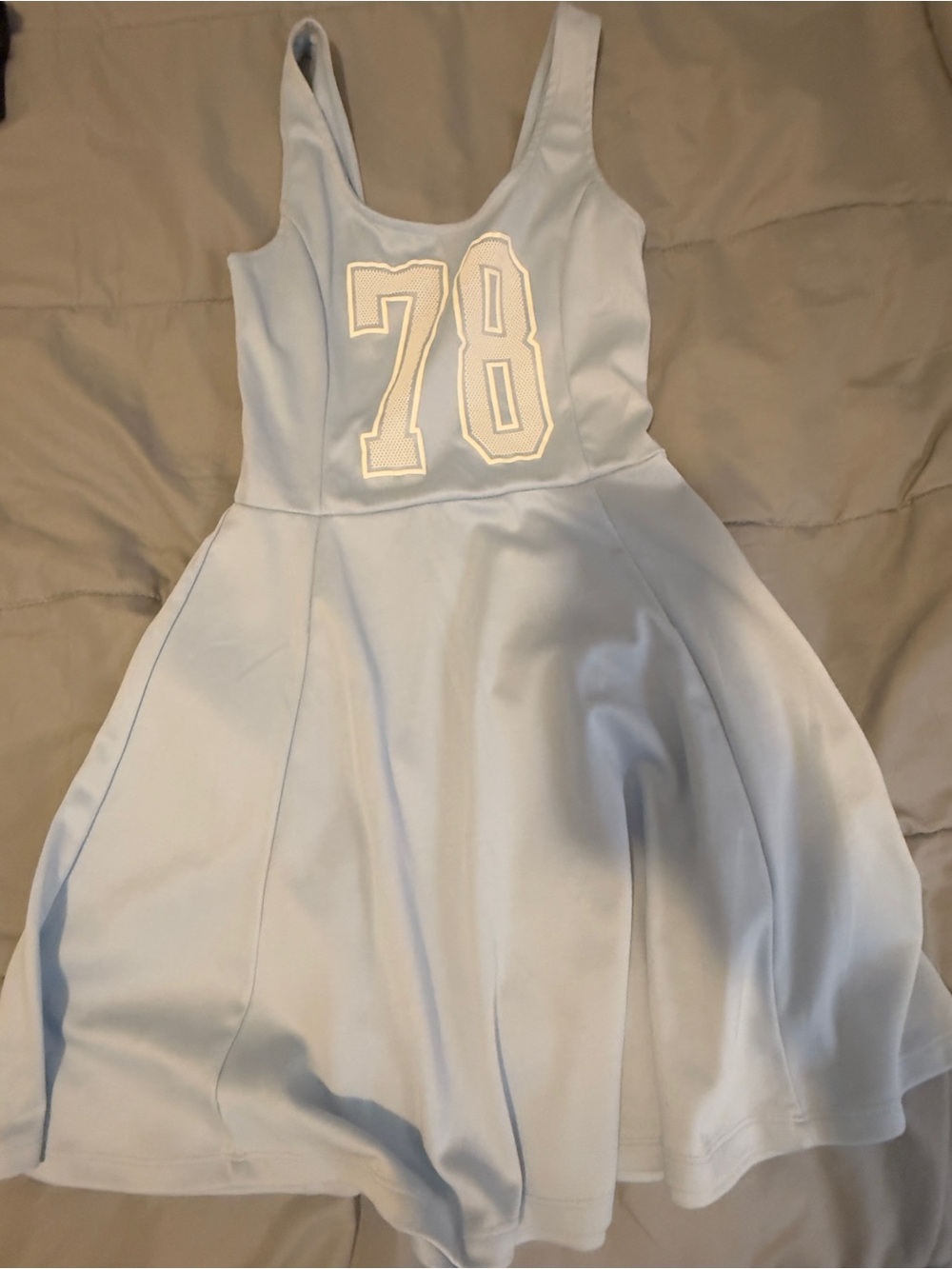 Divided Light Blue Sleeveless Skater Dress with '78' Applique